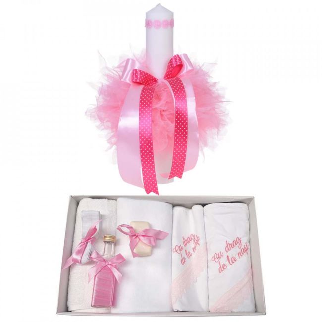Trusou botez cu mesaj plus lumanare decor roz cu floricele Denikos® 541Pentru Fetita - NKO2959