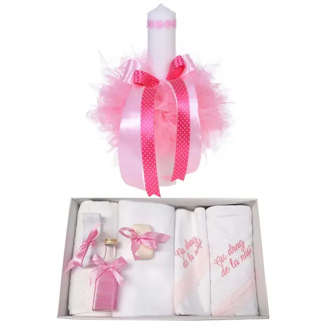 Trusou botez cu mesaj plus lumanare decor roz cu floricele Denikos&reg; 541Pentru Fetita - NKO2959