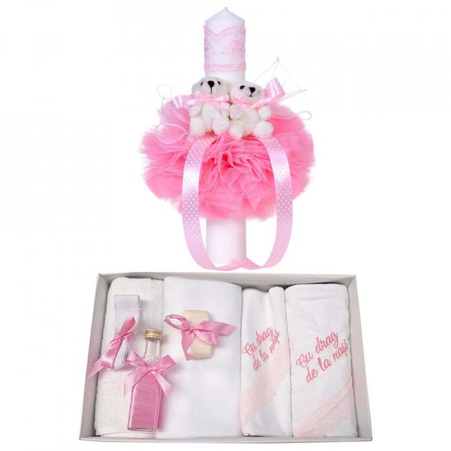 Pachet Trusou botez cu mesaj si lumanare inclusa pentru Fetita Denikos® 540 decor roz cu ursuleti - NKO2958