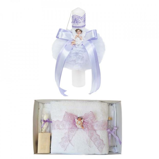 Set Lumanare si Trusou pentru botez Fetita cu ingeras si dantela Lila Denikos® 609 - NKO3027
