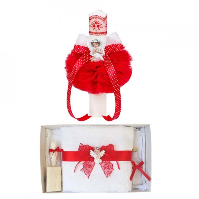 Set Lumanare botez cu ingeras si trusou botez dantela Rosie pentru Fete Denikos 611 - NKO3029