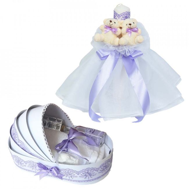 Set Lumanare de botez rochita cu ursuleti si trusou botez in landou cu decor lila Fete Denikos® 597 - NKO3015