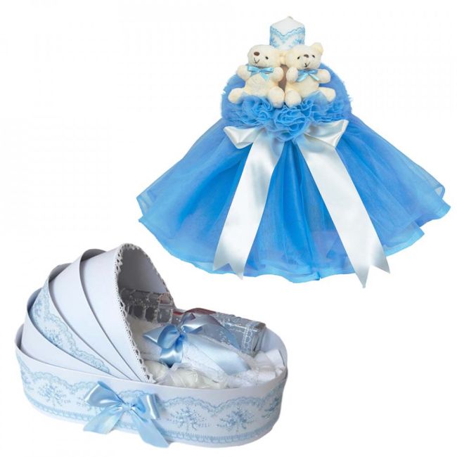 Lumanare botez tul bleu cu ursuleti plus trusou botez in landou Baietel Denikos® 594 NKO3012