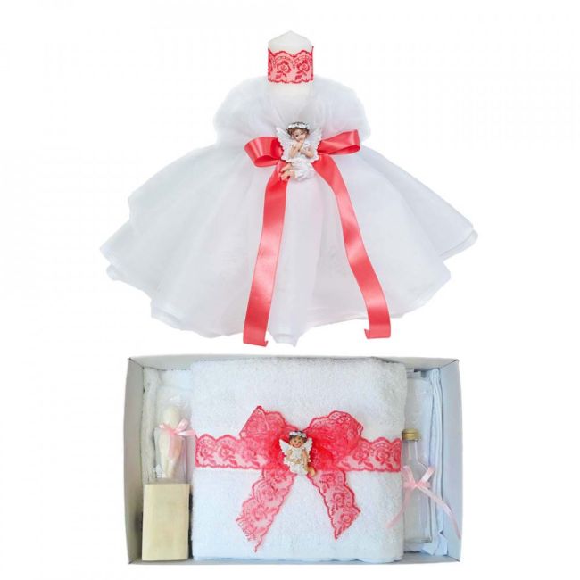 Pachet Lumanare pentru botez cu ingeras si Trusou botez decor Corai Denikos® 623 pentru Fete - NKO3041