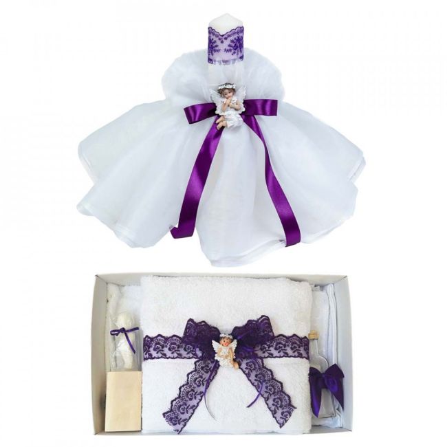 Pachet Lumanare ingeras si Trusou botez Fete decor Mov Denikos® 626 - NKO3044