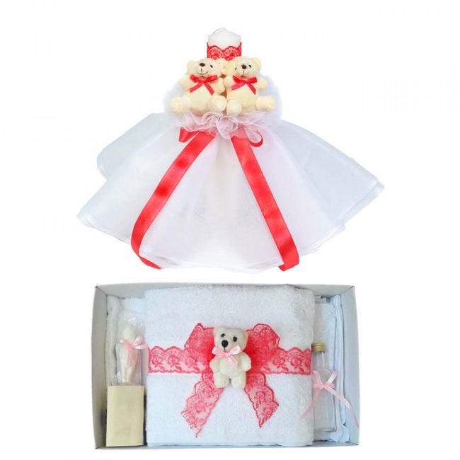 Pachet Lumanare botez cu tul alb si ursuleti si trusou botez Fetita decor Corai cu fundita Denikos® 616 - NKO3034