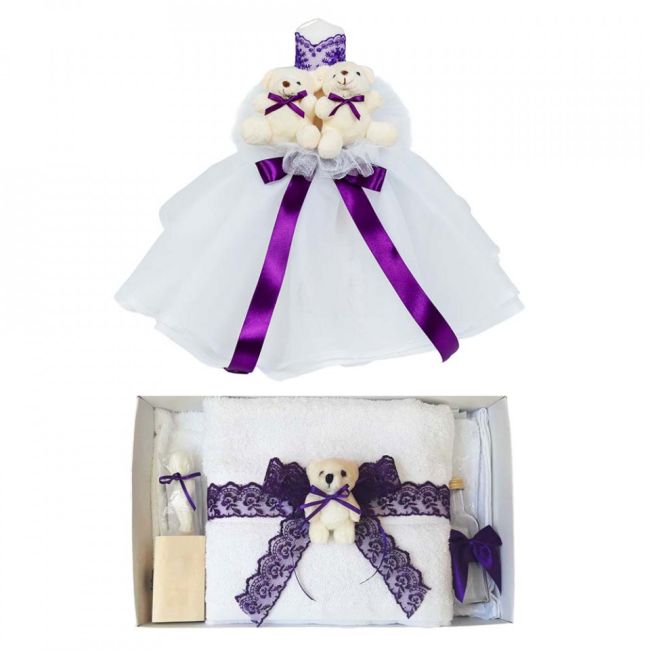 Set Trusou si lumanare pentru botez fetita Denikos® 619 decor Mov cu ursuleti si dantela - NKO3037