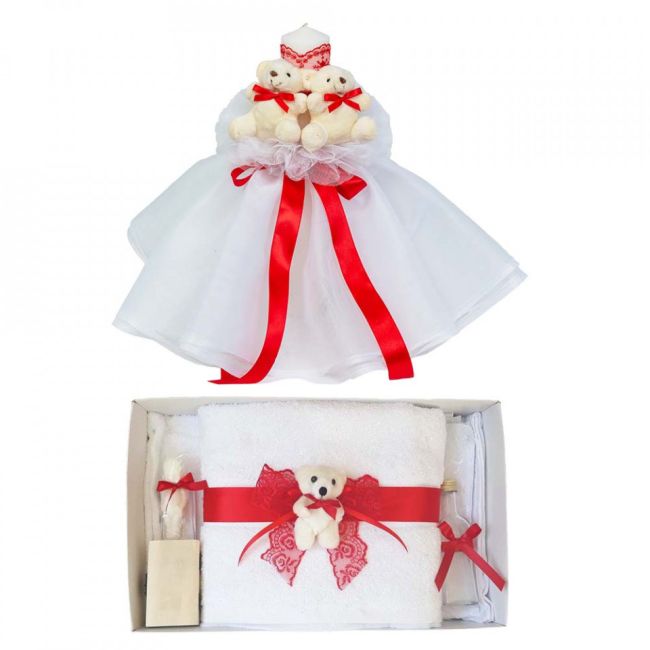 Pachet Lumanare botez tul cu ursuleti si Trusou botez dantela cu decor Rosu Fetita Denikos® 620 - NKO3038