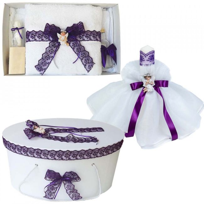 Pachet trusou botez si lumanre in cutie eleganta cu decor Mov ingeras pentru Fetite Denikos® 570 NKO2988