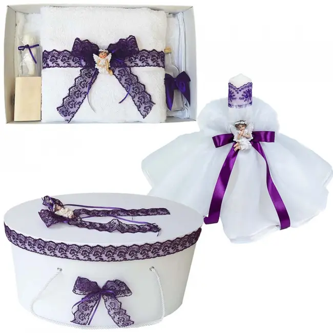 Pachet trusou botez si lumanre in cutie eleganta cu decor Mov ingeras pentru Fetite Denikos&reg; 570 NKO2988