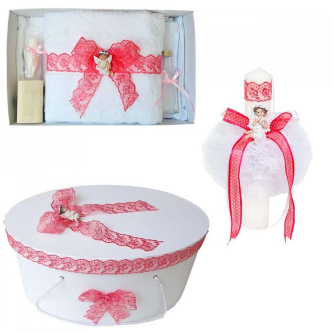 Pachet trusou botez pentru Fetite Denikos® 563 si cutie trusou cu lumanare, dantela Corai si Ingeras  NKO2981