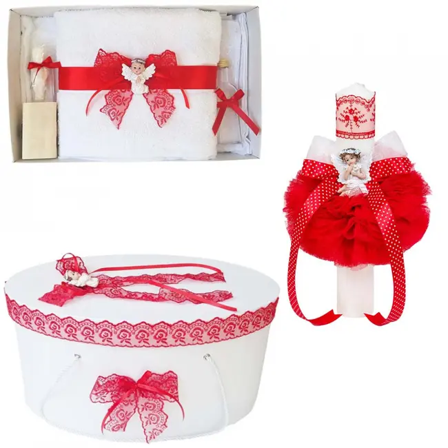 Pachet trusou botez pentru fetite cu lumanare si cutie trusou cu decor Rosu, ingeras Denikos&reg; 567 NKO2985