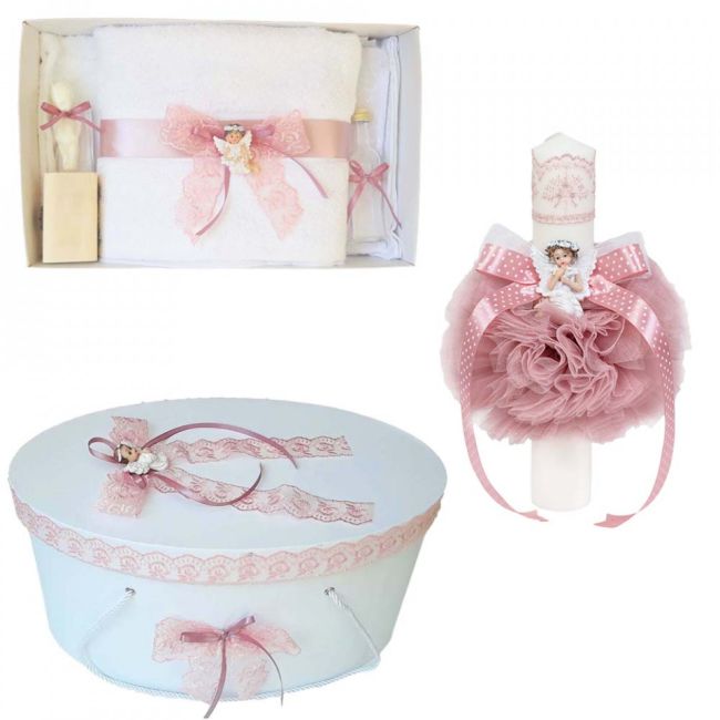 Pachet lumanare botez cu trusou botez si cutie Denikos® 564 dantela roz pudra si Ingeras  NKO2982
