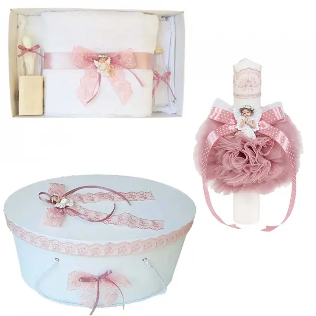 Pachet lumanare botez cu trusou botez si cutie Denikos&reg; 564 dantela roz pudra si Ingeras  NKO2982