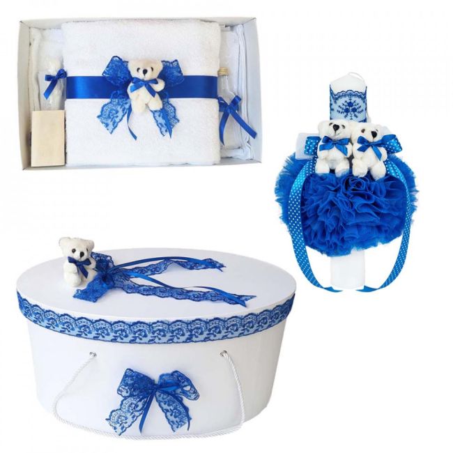 Set trusou de botez cu lumanare botez si cutie dantela si ursuleti decor albastru Denikos® 554  NKO2972