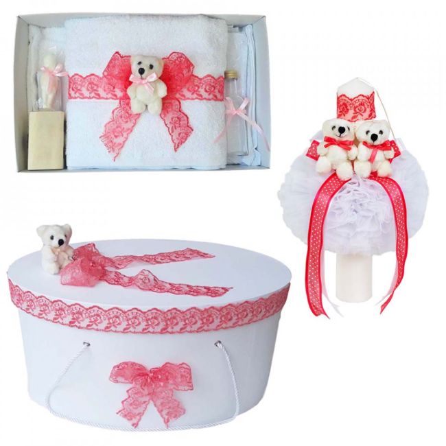 Pachet trusou botez si cutie trusou cu lumanare Fetita Denikos® 555 cu dantela corai si ursuleti NKO2973