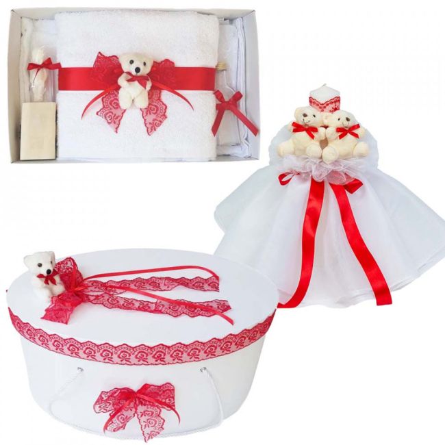 Set Trusou de botez pentru fetite cu lumanare si cutie trusou decor Rosu cu ursuleti Denikos® 578 NKO2996
