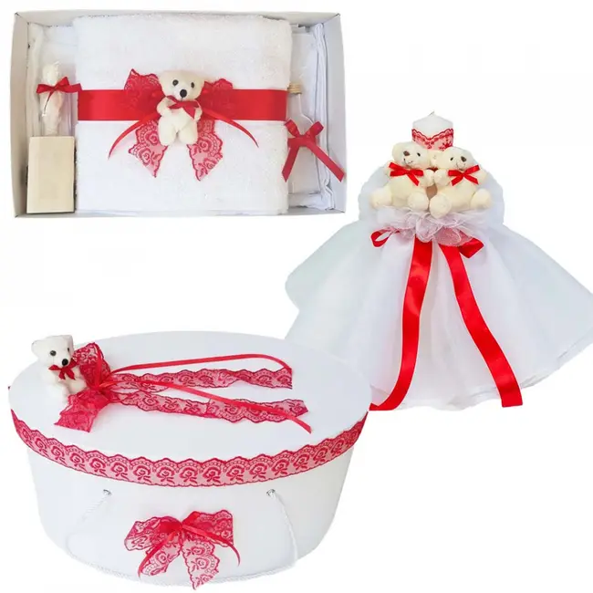 Set Trusou de botez pentru fetite cu lumanare si cutie trusou decor Rosu cu ursuleti Denikos&reg; 578 NKO2996