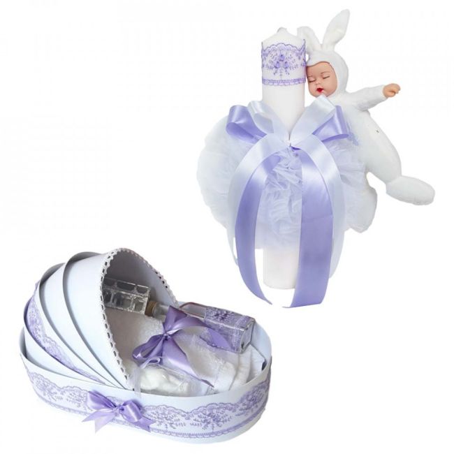 Pachet Trusou botez in landou si lumanare cu iepuras decor lila pentru Fetite Denikos® 581- NKO2999
