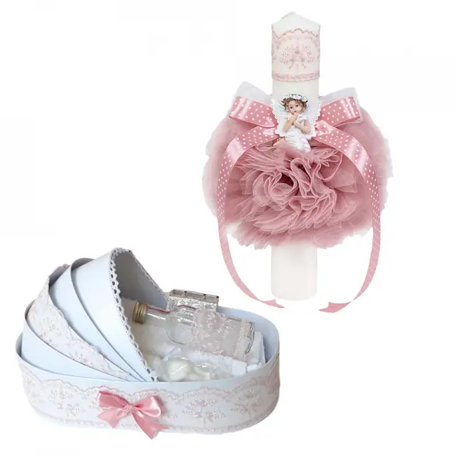 Set Trusou botez in landou si lumanare glob cu ingeras cu decor Roz Pudra pentru fete Denikos&reg; 588 - NKO3006