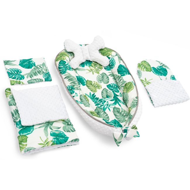 Set 5 in 1 Babynest Minky, 2 perne, 1 paturica si o saltea cu doua fete Tutumi TT37547 BBJTT37547_Alb/Verde Jungle