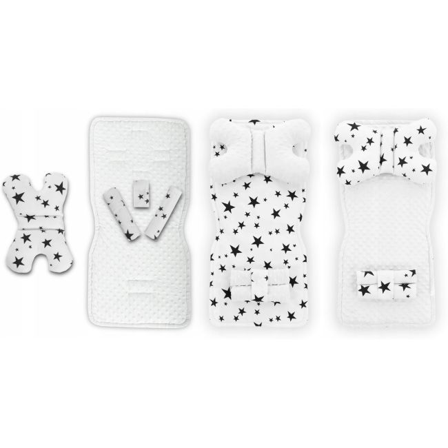 Set 5 in 1 pentru carucior Minky, salteluta, perna, 2 protectii centuri si curelusa Tutumi TT345 BBJTT345_Alb/Negru Stelute