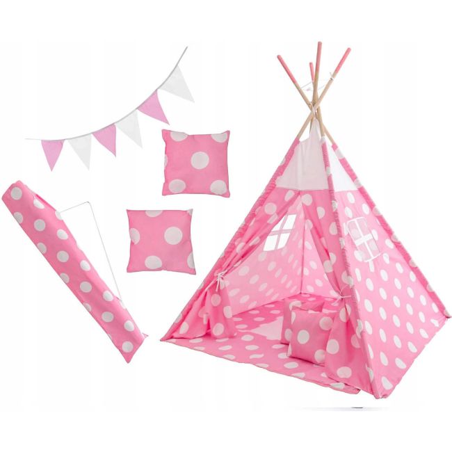 Set cort copii XXL Teepee, Cort, Covoras, 2 Perne, Ghirlanda si Geanta depozitare Tutumi TT34255 BBJTT34255_Buline Roz/Alb