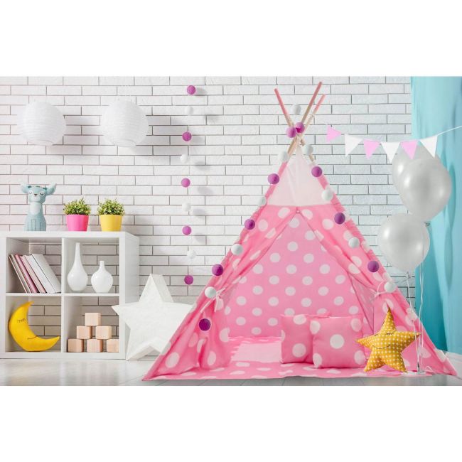 Set cort copii XXL Teepee, Cort, Covoras, 2 Perne, Ghirlanda si Geanta depozitare Tutumi TT34255 BBJTT34255_Buline Roz/Alb