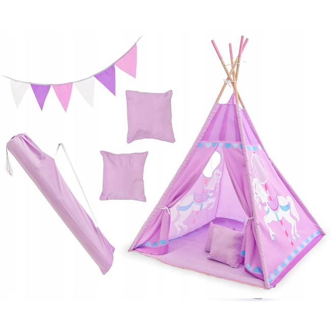 Set cort copii XXL Teepee, Cort, Covoras, 2 Perne, Ghirlanda si Geanta depozitare Tutumi TT34255 BBJTT34255_Carusel Mov