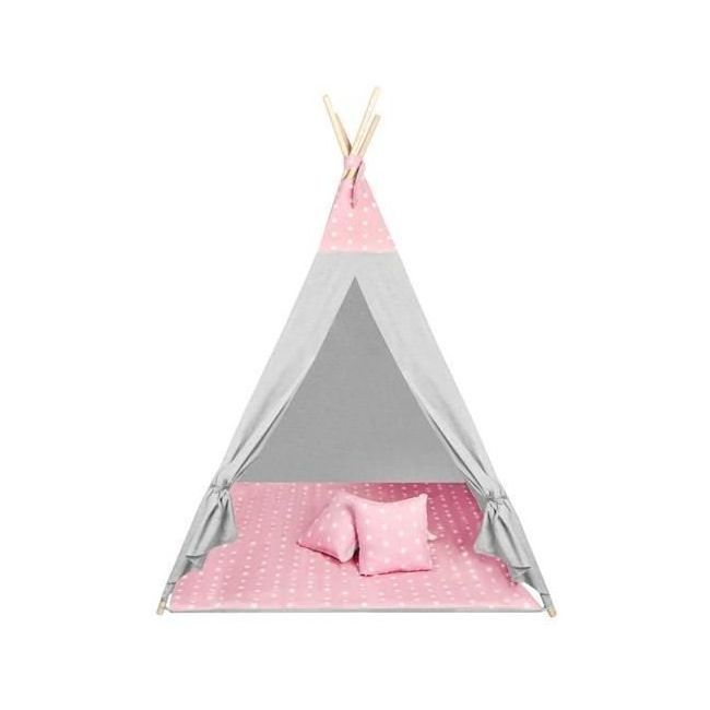 Cort copii XXL Teepee, Cort, Covoras, 3 Perne Iso Trade MY17243 BBJMY17243_Roz/Gri Stelute