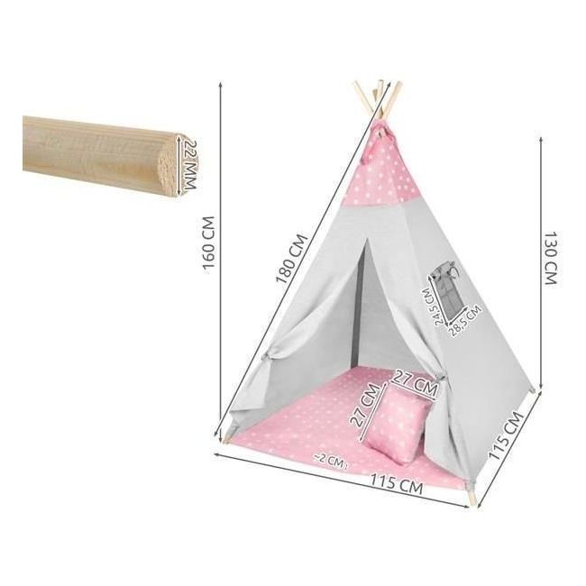 Cort copii XXL Teepee, Cort, Covoras, 3 Perne Iso Trade MY17243 BBJMY17243_Roz/Gri Stelute