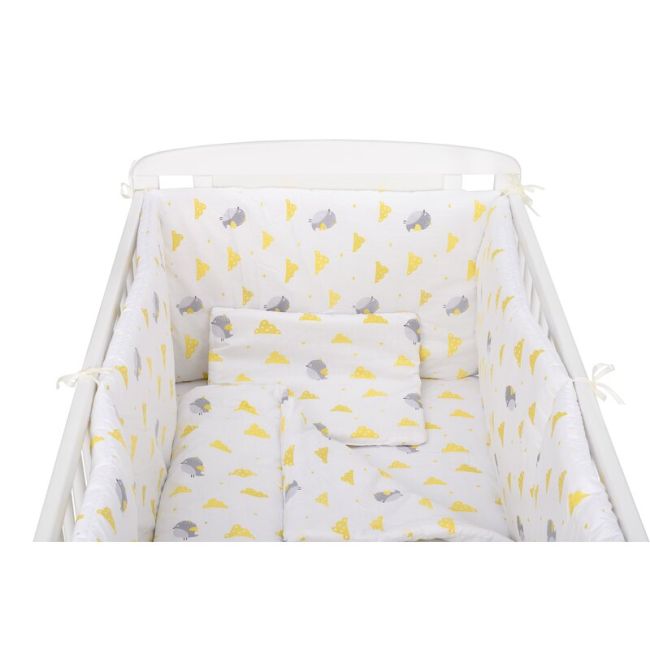 BabyNeeds - Lenjerie patut 5 piese 120x60 cm, Vrabiute, Gri-Galben BYNBN216