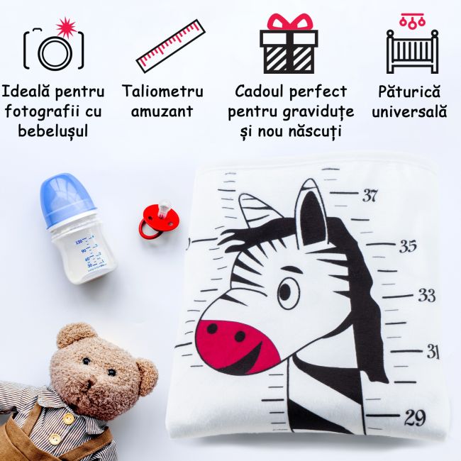Paturica Foto Bebelusi - Baby Milestone Blanket design Long Neck Zebra cu 20 Stickere My First
