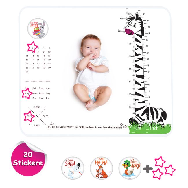Paturica Foto Bebelusi - Baby Milestone Blanket design Long Neck Zebra cu 20 Stickere My First