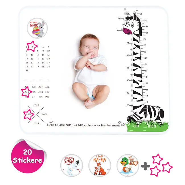 Paturica Foto Bebelusi - Baby Milestone Blanket design Long Neck Zebra cu 20 Stickere My First