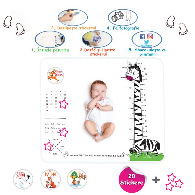 Paturica Foto Bebelusi - Baby Milestone Blanket design Long Neck Zebra cu 20 Stickere My First