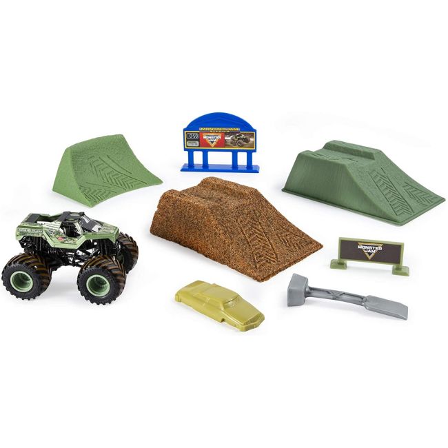 MONSTER JAM SET CAMIONETA SOLDIER FORTUNE CU NISIP KINETIC SI ACCESORII CU RAMPA VIV6053300