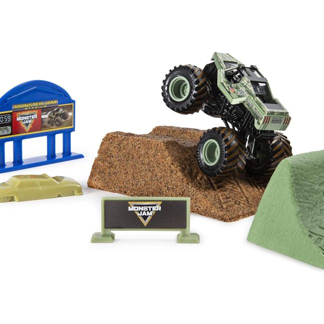 MONSTER JAM SET CAMIONETA SOLDIER FORTUNE CU NISIP KINETIC SI ACCESORII CU RAMPA VIV6053300