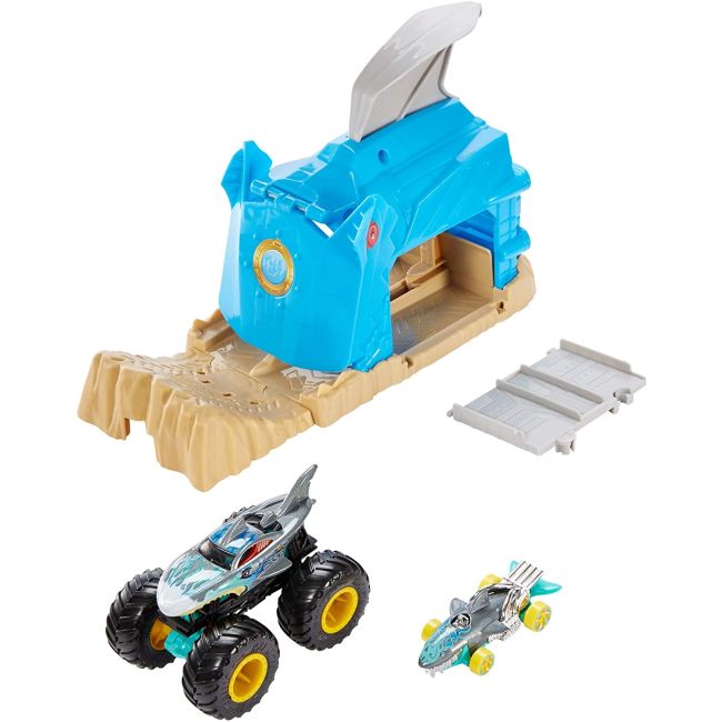 HOT WHEELS LANSATOR MONSTER TRUCK RECHINUL CU DOUA MASINUTE VIVMTGKY01_GKY03