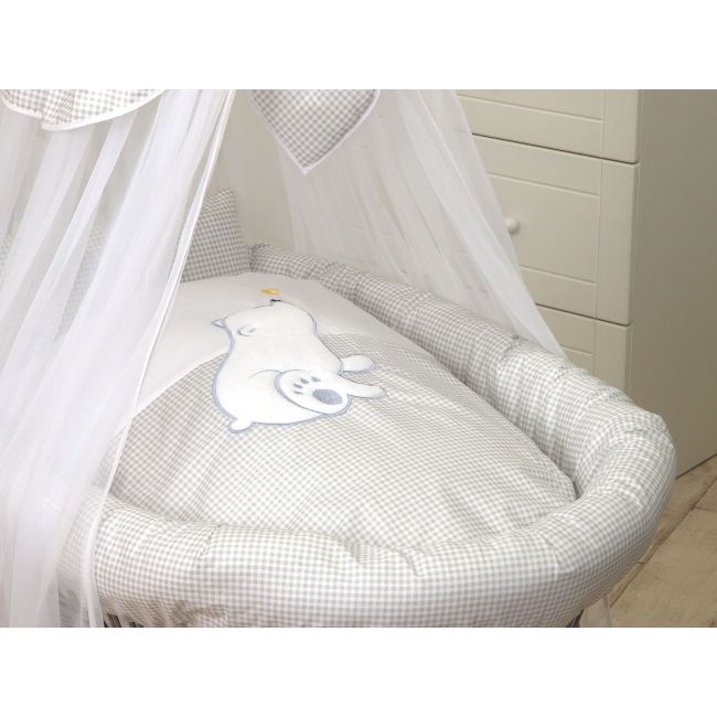 Cos Bebe Cu Suport Pe Roti, Saltea, Lenjerie Si Baldachin, Bear Heart Gri Pjb68931