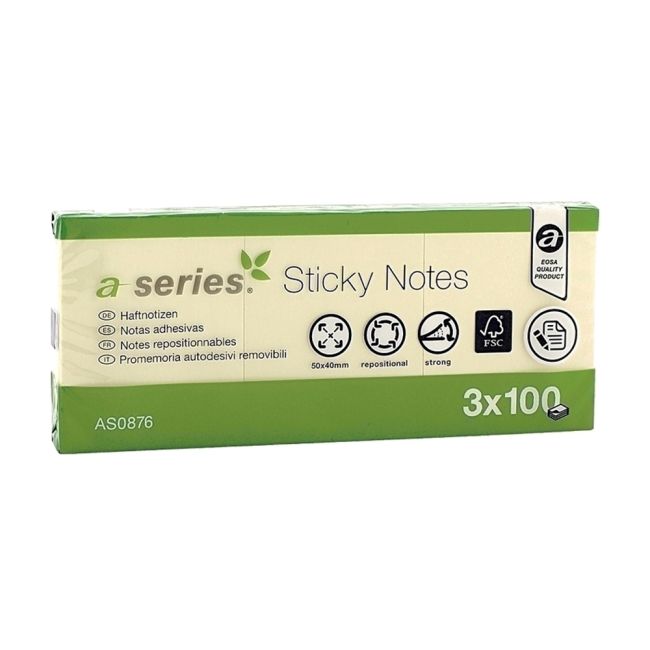 Notite adezive, A-Series, 50 x 40 mm, galben, 100 file, 3 bucati/set - BPTCAY000802