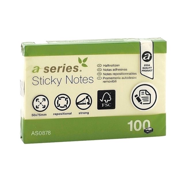 Notite adezive, A-Series, 50 x 75 mm, galben, 100 file - BPTCAY000804