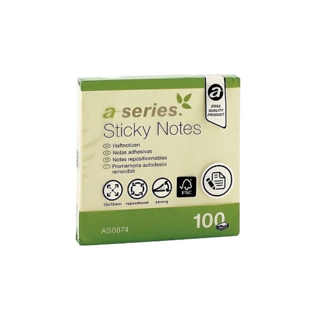 Notite adezive, A-Series, 75 x 75 mm, galben, 100 file - BPTCAY000800