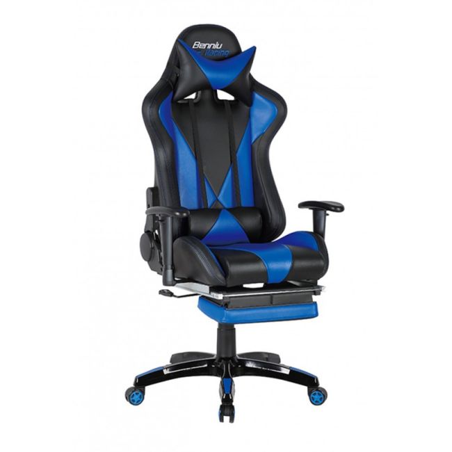 Scaun gaming gn90 suzuka, suport lombar, perna tetiera, cotiere reglabile, rotativ, mecanism multiblock, 150 kg, negru/albastru drm4281