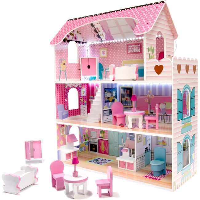 Casa papusi din lemn cu 3 etaje, 9 piese de mobilier si iluminare LED Ikonka IK17567 BBJIK17567_Initiala