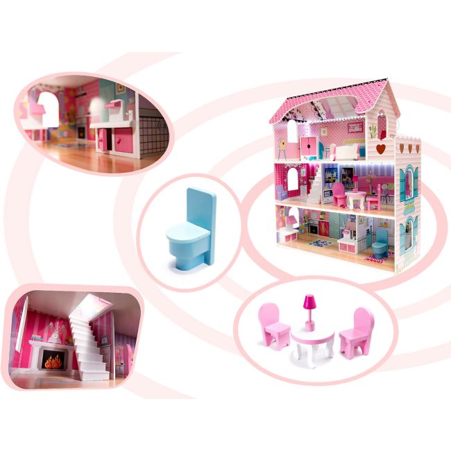 Casa papusi din lemn cu 3 etaje, 9 piese de mobilier si iluminare LED Ikonka IK17567 BBJIK17567_Initiala