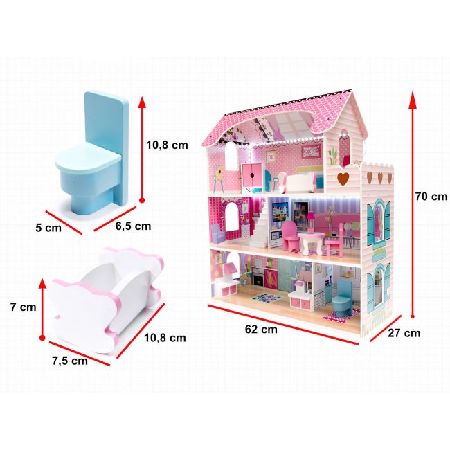 Casa papusi din lemn cu 3 etaje, 9 piese de mobilier si iluminare LED Ikonka IK17567 BBJIK17567_Initiala