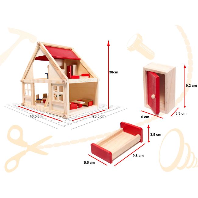 Casuta de papusi din lemn cu accesorii 40cm Ikonka IK17568 BBJIK17568_Initiala