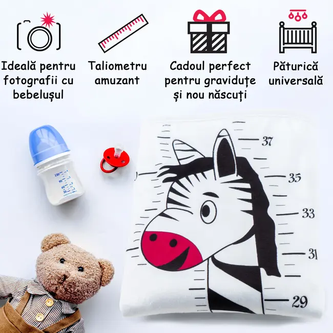 Pachet Paturica Foto Bebelusi Baby Milestone Blanket design Long Neck Zebra cu 20 Stickere My First + 20 Stickere Funny