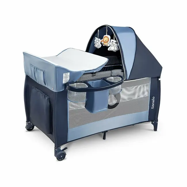 Lionelo - Patut pliant cu doua nivele Sven Plus, 120x60 cm, arcada jucarii, masuta de infasat, vibratii, melodii, Blue Navy BYNLO-SVEN_PLUS_BLUE_NAVY